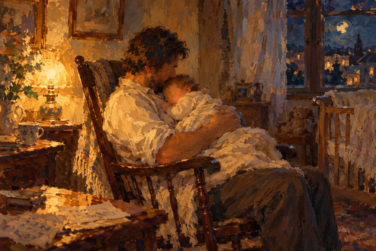 Pintura impresionista de un padre meciendo a su bebe, sobre el apego y el desarrollo infantil temprano
