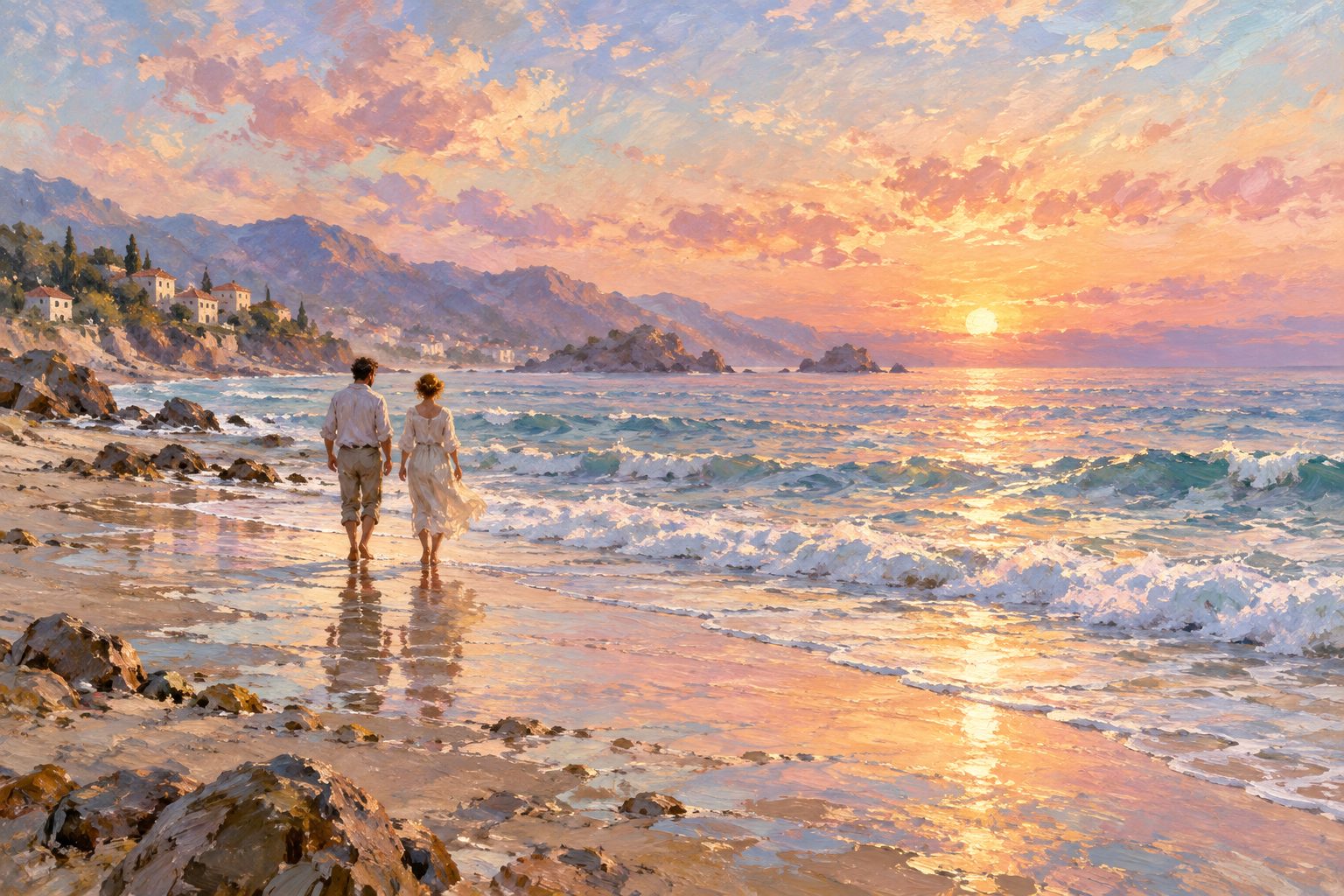 Pintura impresionista de una pareja caminando por una playa al amanecer, ilustración de apnea del sueño y salud mental