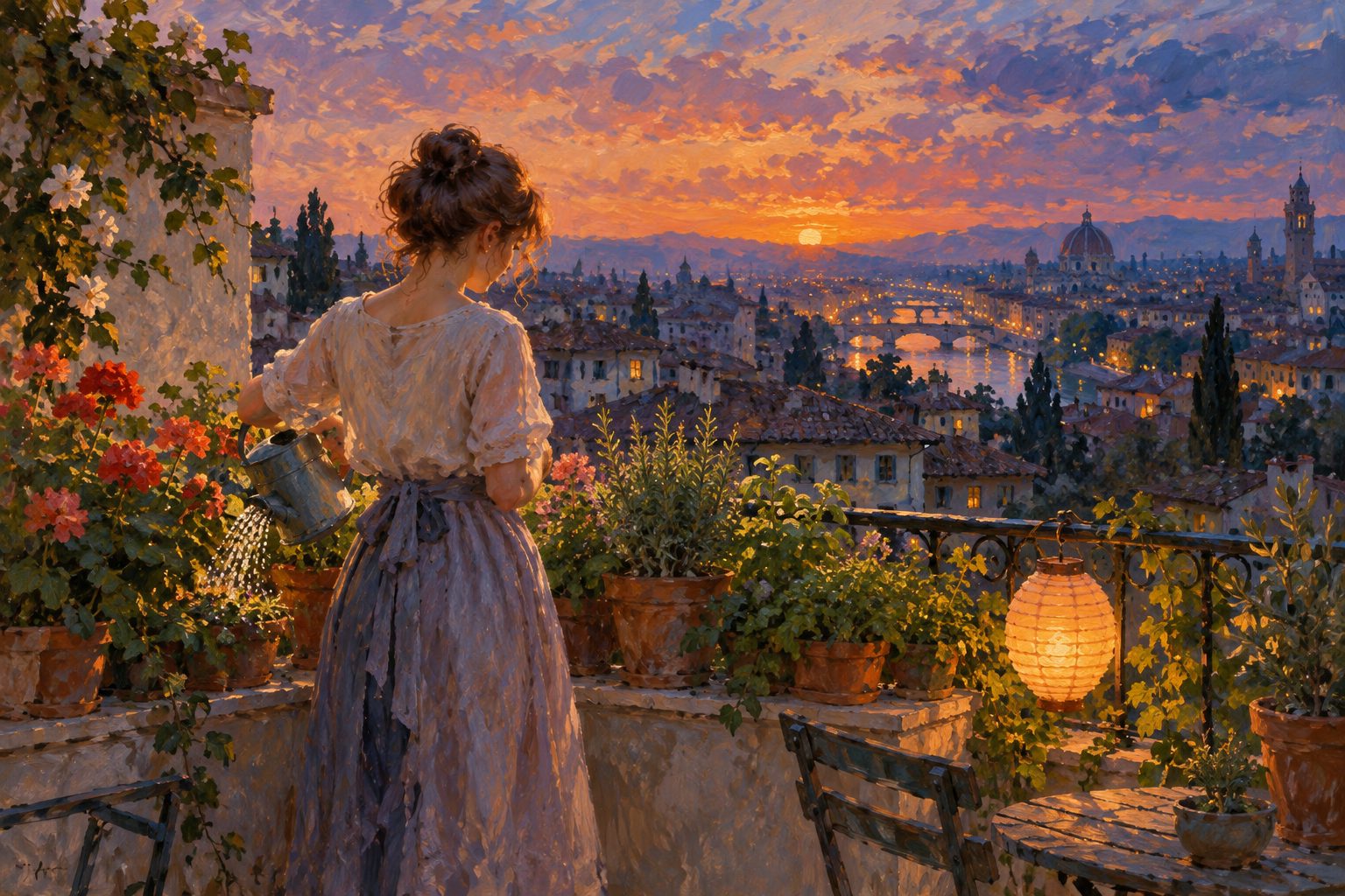 Pintura impresionista de una joven regando plantas en una azotea al atardecer, ilustración de apps de citas y autoestima