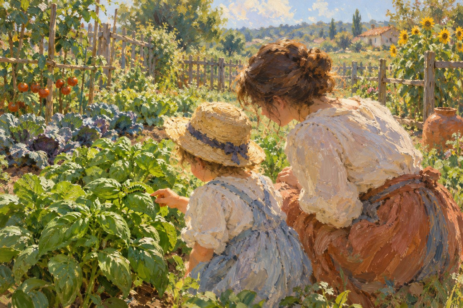Pintura impresionista de un niño explorando una hoja en un huerto con una adulta, sobre el trastorno ARFID
