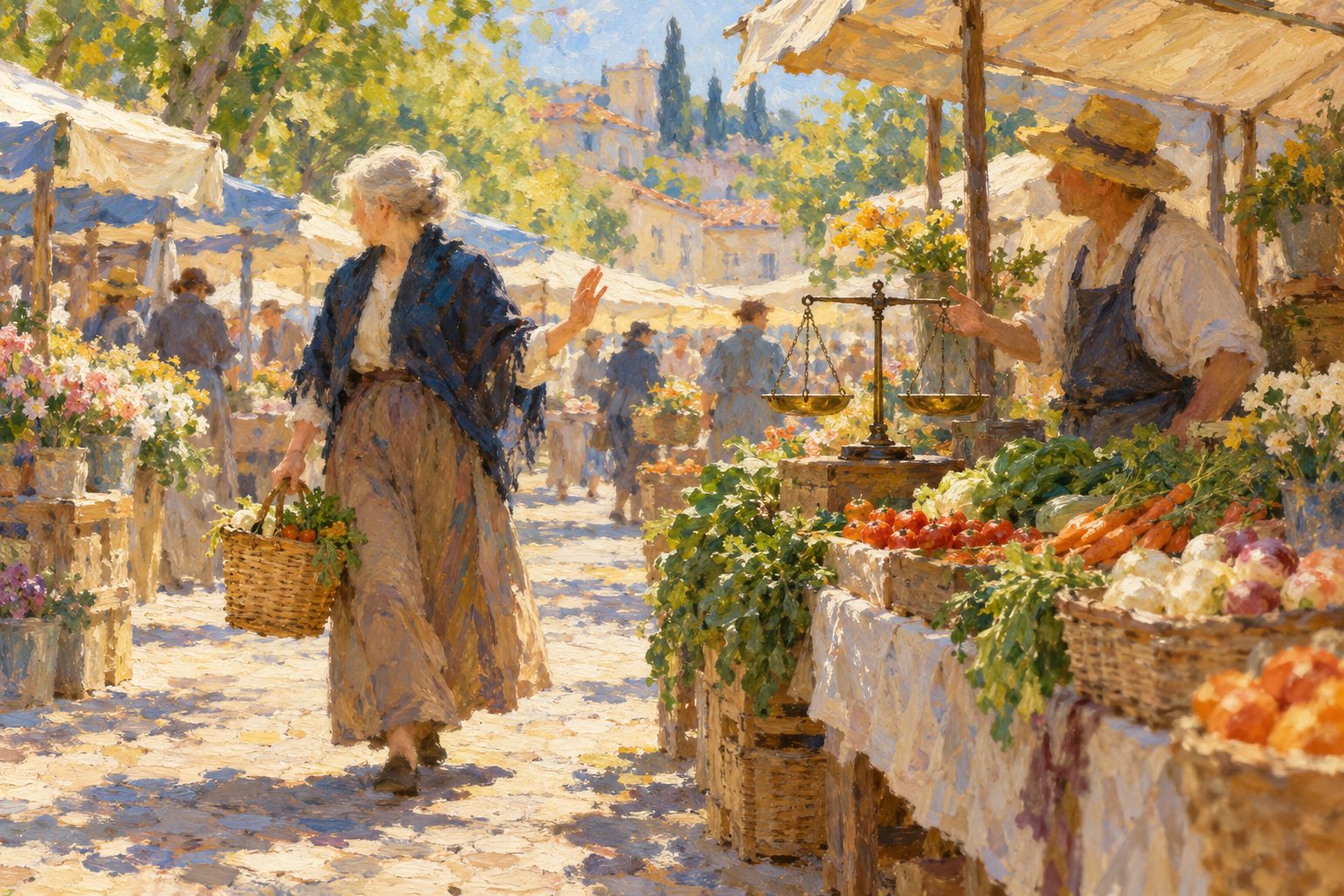 Pintura impresionista de un adulto mayor firme en un mercado, sobre asertividad en la vejez