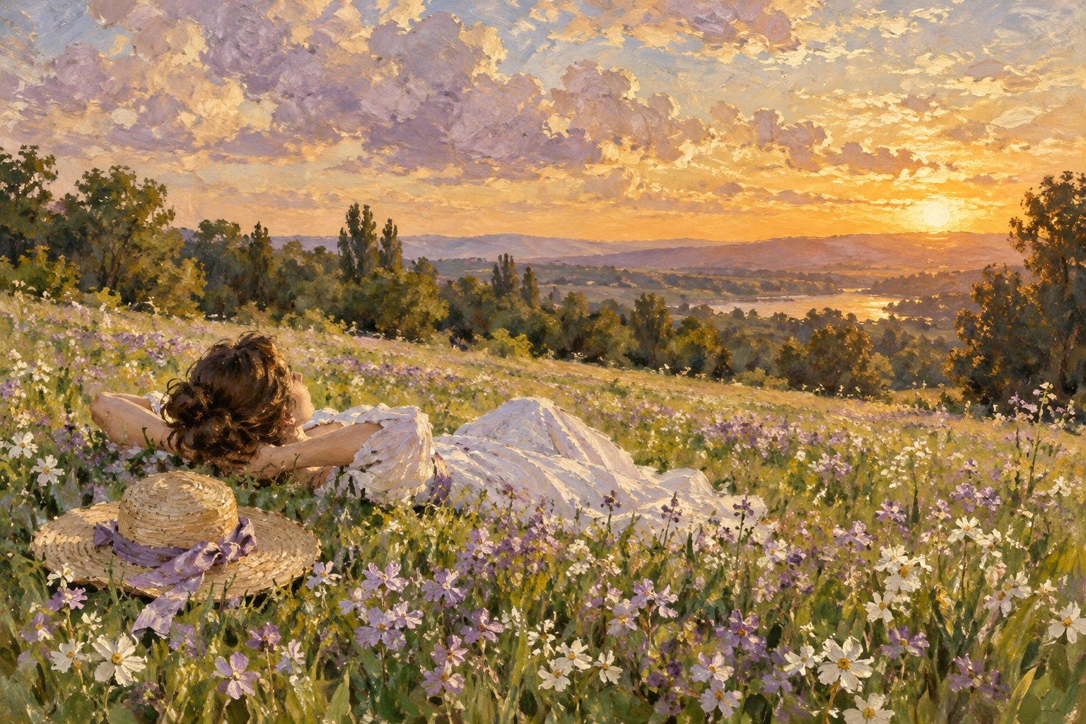 Pintura impresionista de una persona tendida en un prado de flores lilas, ilustración de asexualidad: qué es y qué no es