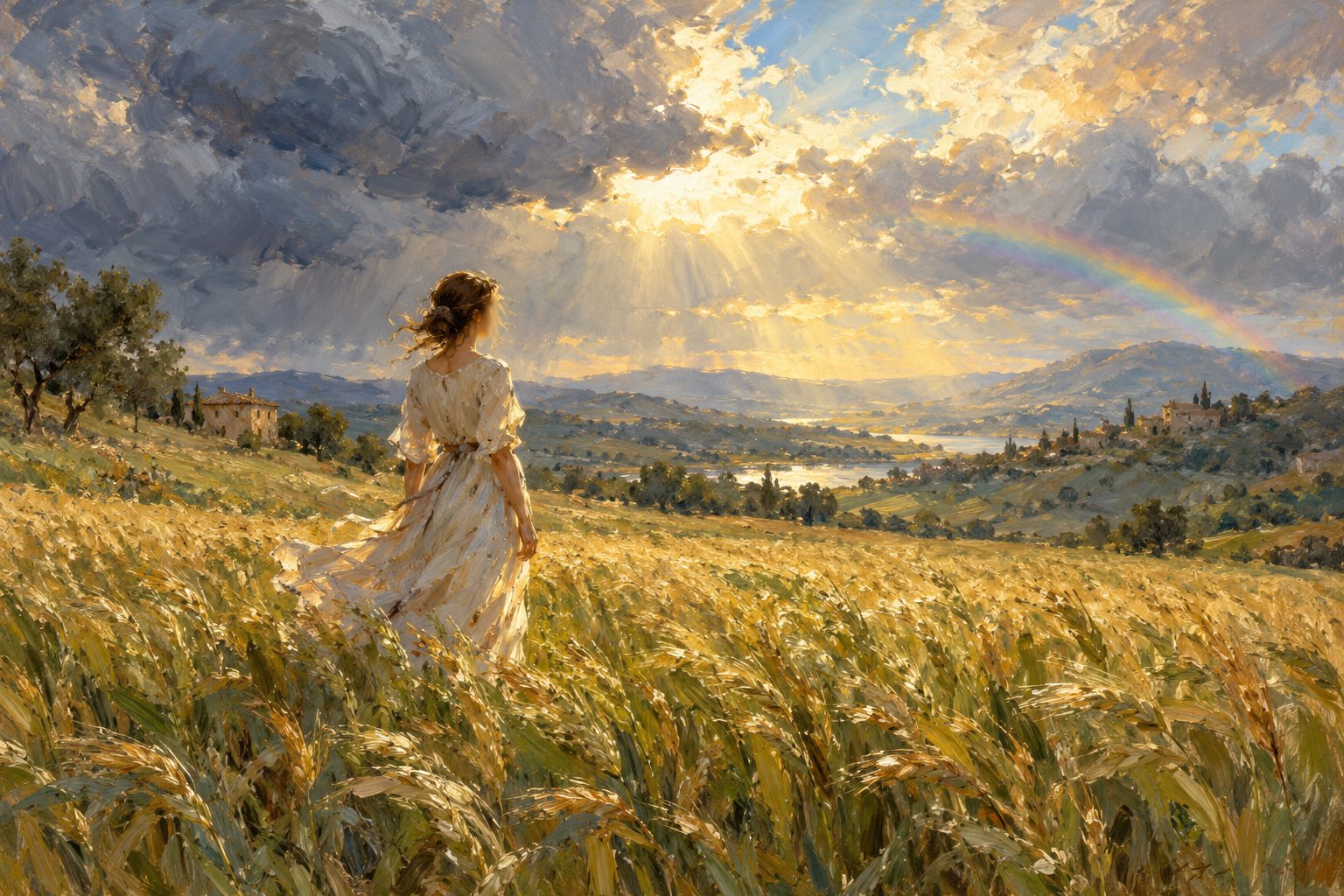 Pintura impresionista de una mujer en un campo de trigo tras la tormenta, ilustración de los ataques de ira en adultos