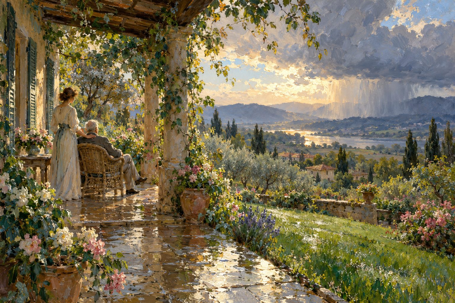 Pintura impresionista de un hombre mayor acompañado en un corredor mientras amaina la lluvia, ilustración de los ataques de ira en adultos mayores