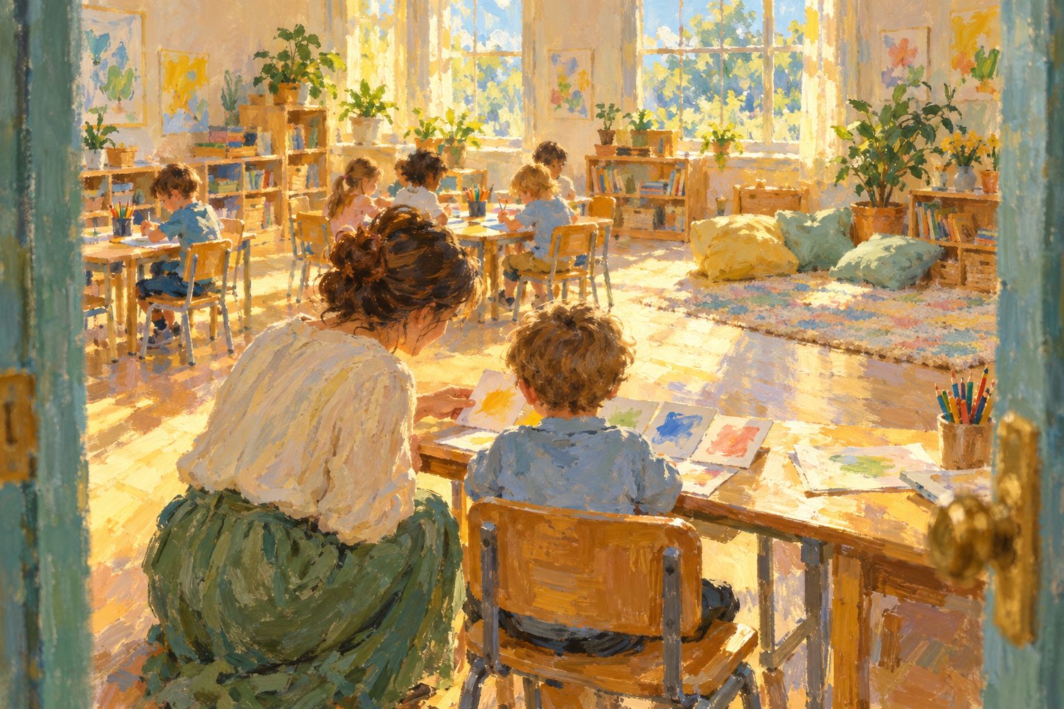 Pintura impresionista de una docente junto al pupitre de un niño en el aula, adaptaciones para el autismo en el colegio