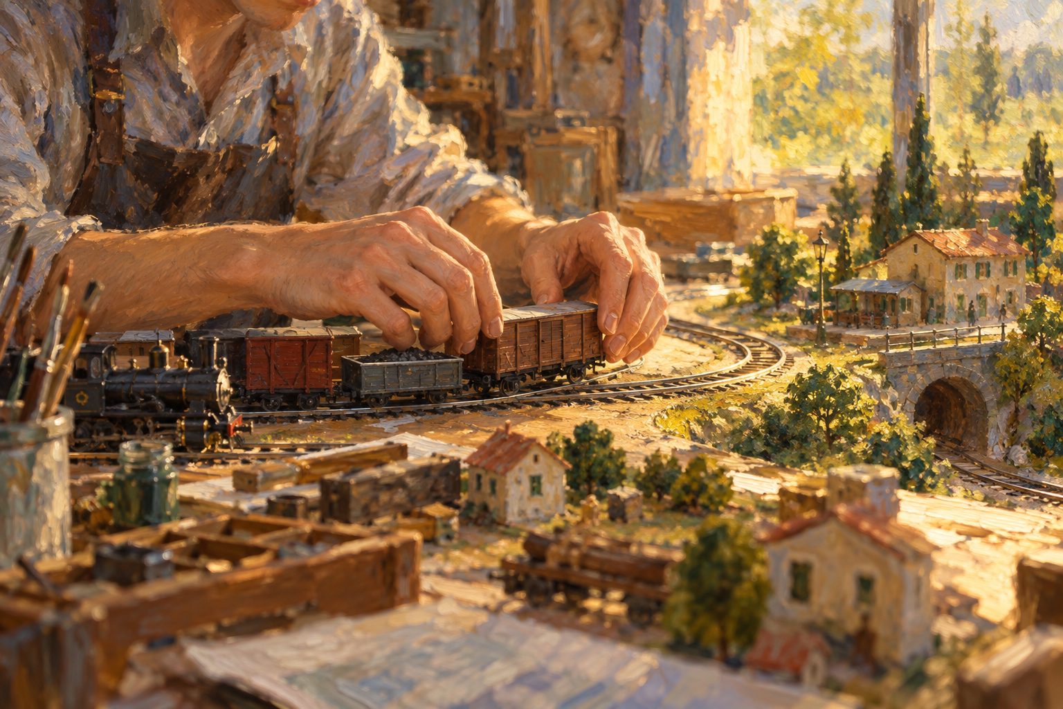 Pintura impresionista de manos de un joven armando una maqueta de tren, ilustración de autismo nivel 1