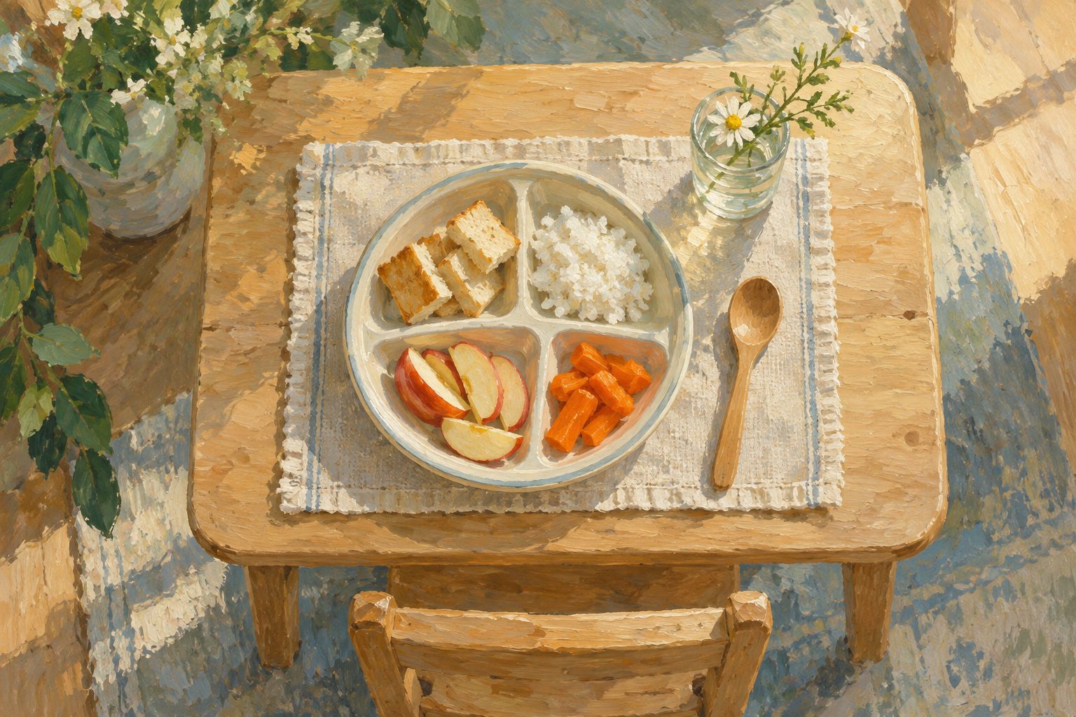 Pintura impresionista de un plato infantil con porciones separadas, ilustración de autismo y alimentación selectiva en niños