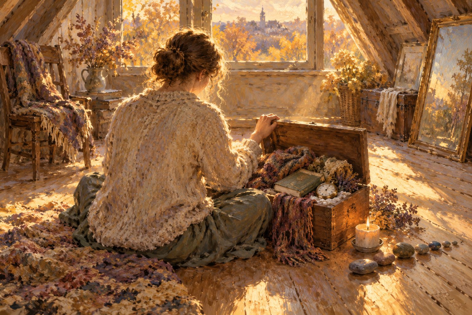 Pintura impresionista de una persona abriendo una caja de recuerdos en un desván luminoso, ilustración de autismo y duelo