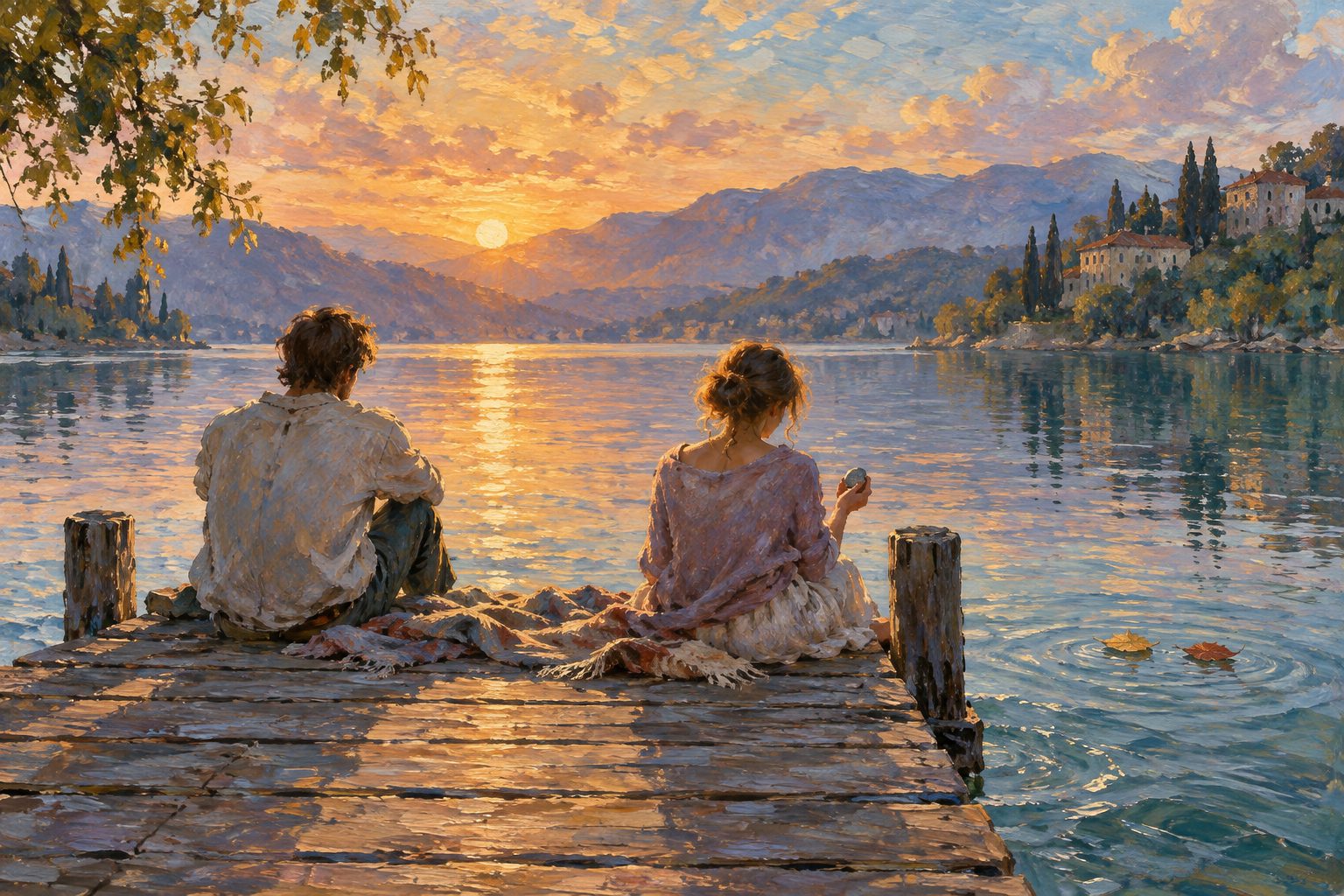 Pintura impresionista de dos personas en un muelle junto al lago, autismo y relaciones de pareja
