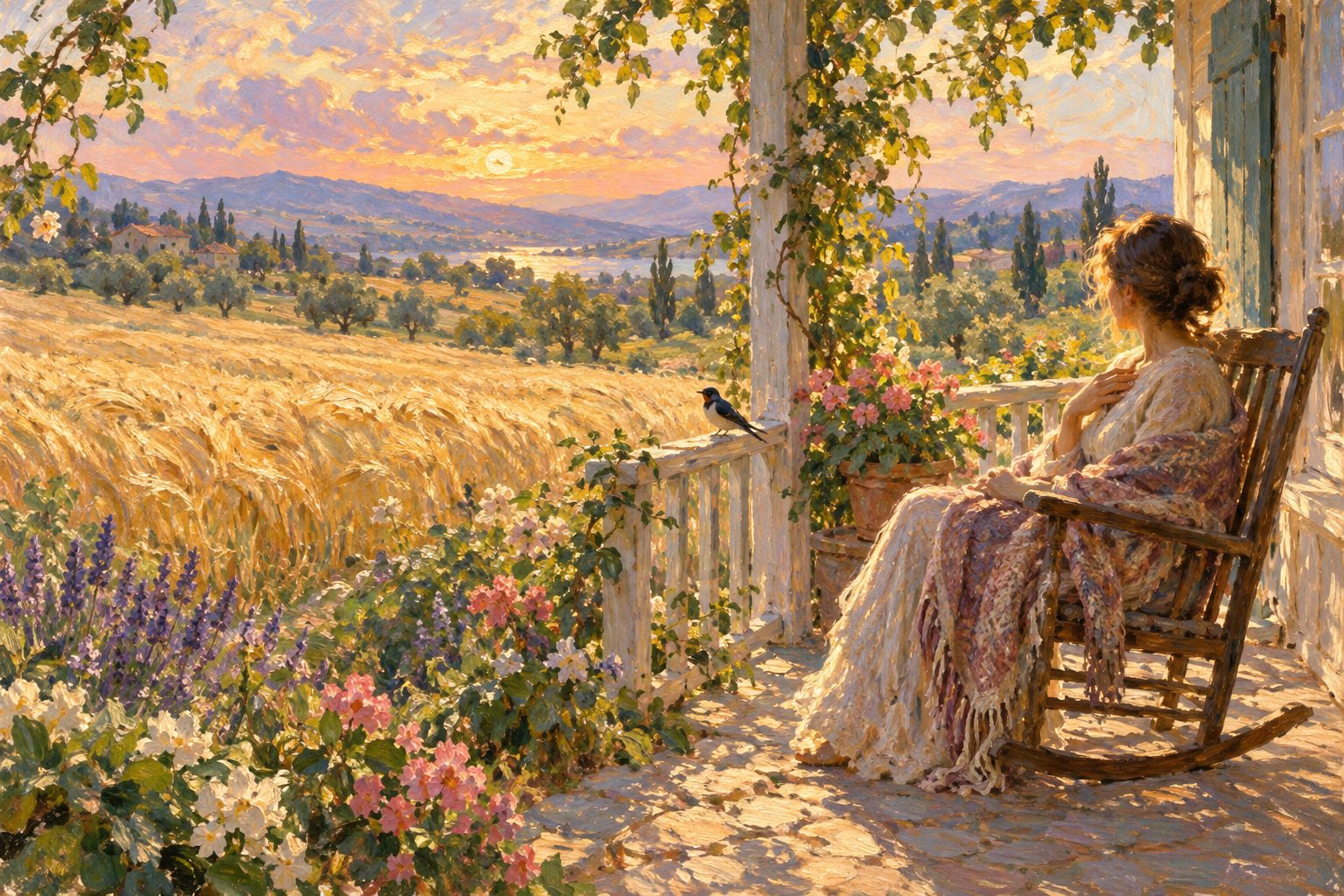 Pintura impresionista de una mujer arropada en una mecedora al atardecer, ilustración del test de autocompasión de Kristin Neff