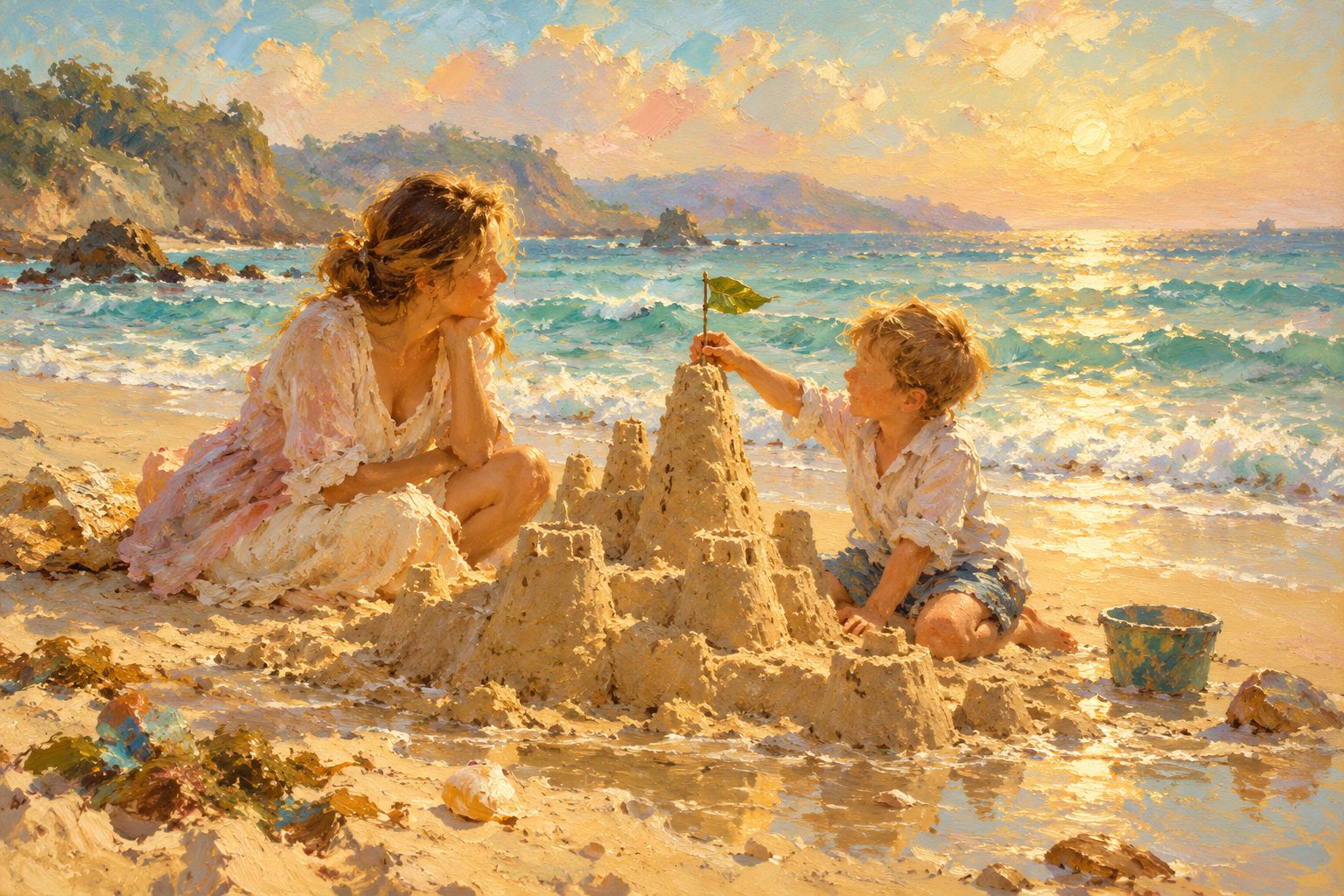 Pintura impresionista de un niño con su castillo de arena en la playa, ilustración de la autoestima en niños