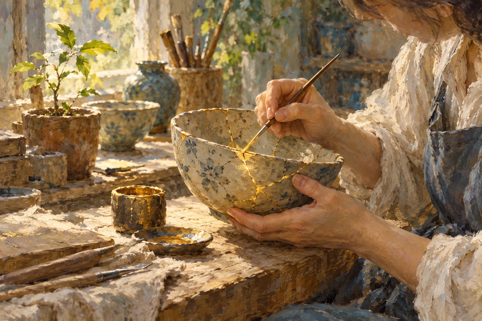 Pintura impresionista de manos reparando un cuenco con líneas doradas, ilustración del autosabotaje en el amor