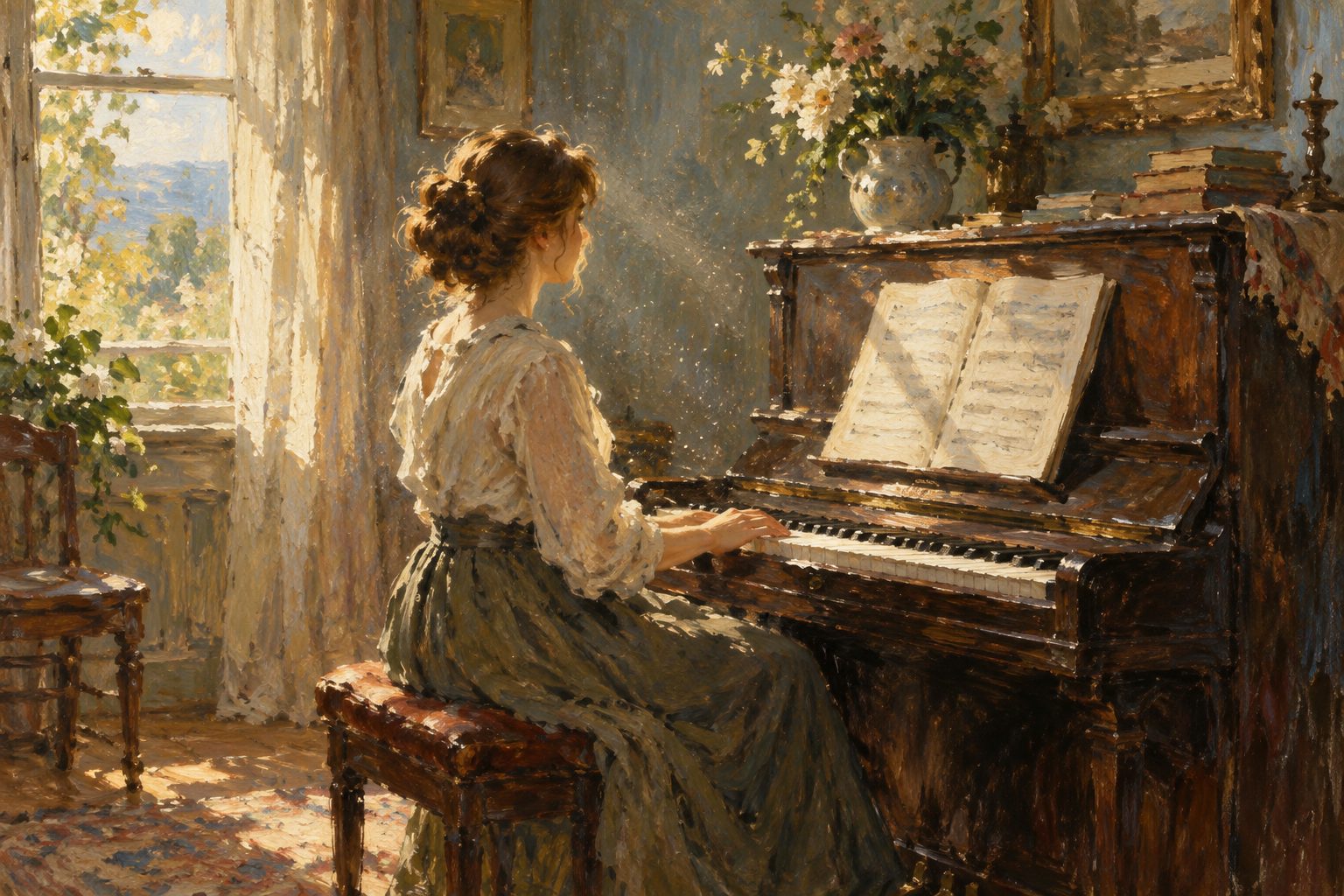 Pintura impresionista de una persona adulta en pausa frente a un piano, ilustración de la baja tolerancia a la frustración en adultos