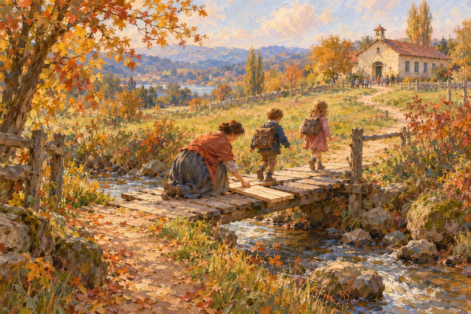 Pintura impresionista de niños cruzando un puente de tablones camino a la escuela, ilustración de las barreras de aprendizaje