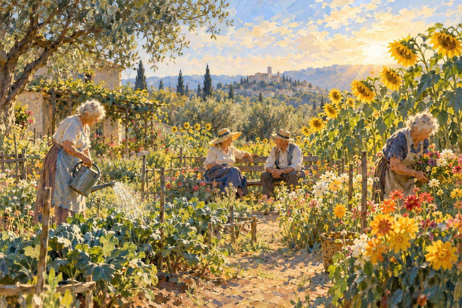 Pintura impresionista de adultos mayores en un huerto comunitario con girasoles, bienestar psicológico en la adultez mayor