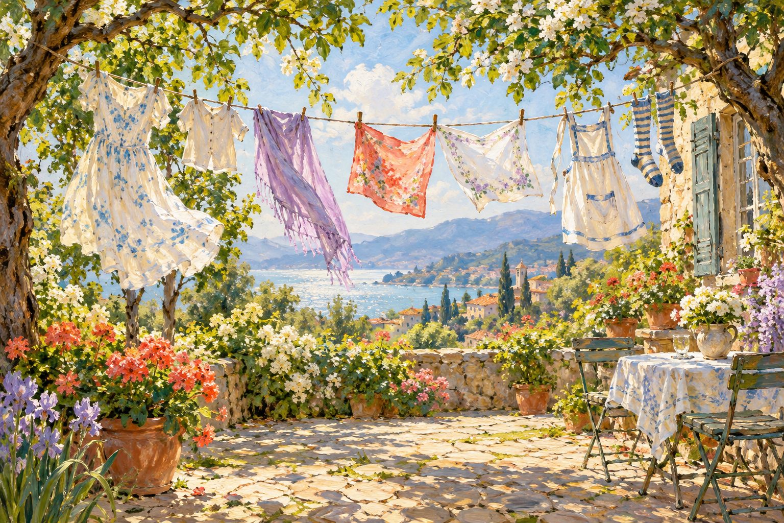 Pintura impresionista de un tendedero con prendas de tallas y colores distintos, ilustración de body positive o body neutrality