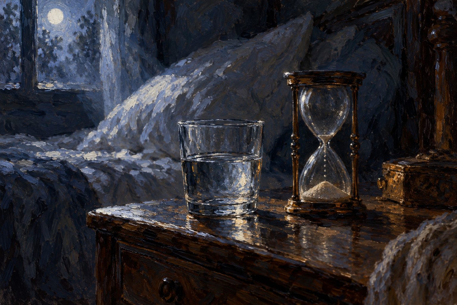 Pintura impresionista de un reloj de arena nocturno, ilustración del bruxismo nocturno y la ansiedad