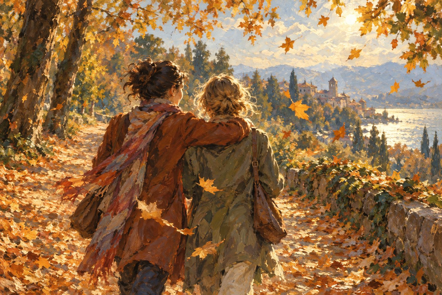 Pintura impresionista de dos amigas caminando juntas por un sendero otoñal, ilustración sobre la bulimia nerviosa y su tratamiento