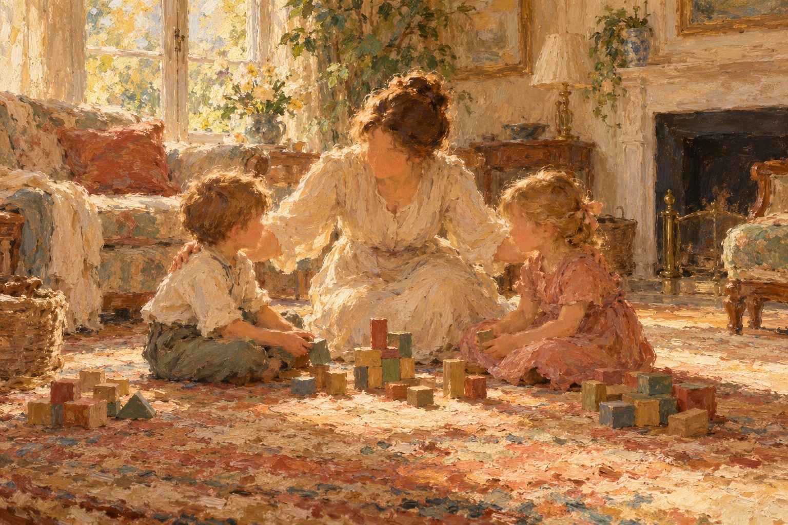 Pintura impresionista de una madre mediando entre dos hermanos en casa, sobre el bullying entre hermanos