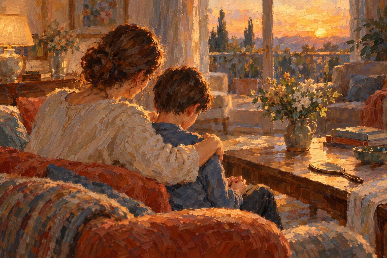 Pintura impresionista de una madre consolando a su hijo en el sofa, sobre el bullying por apariencia fisica