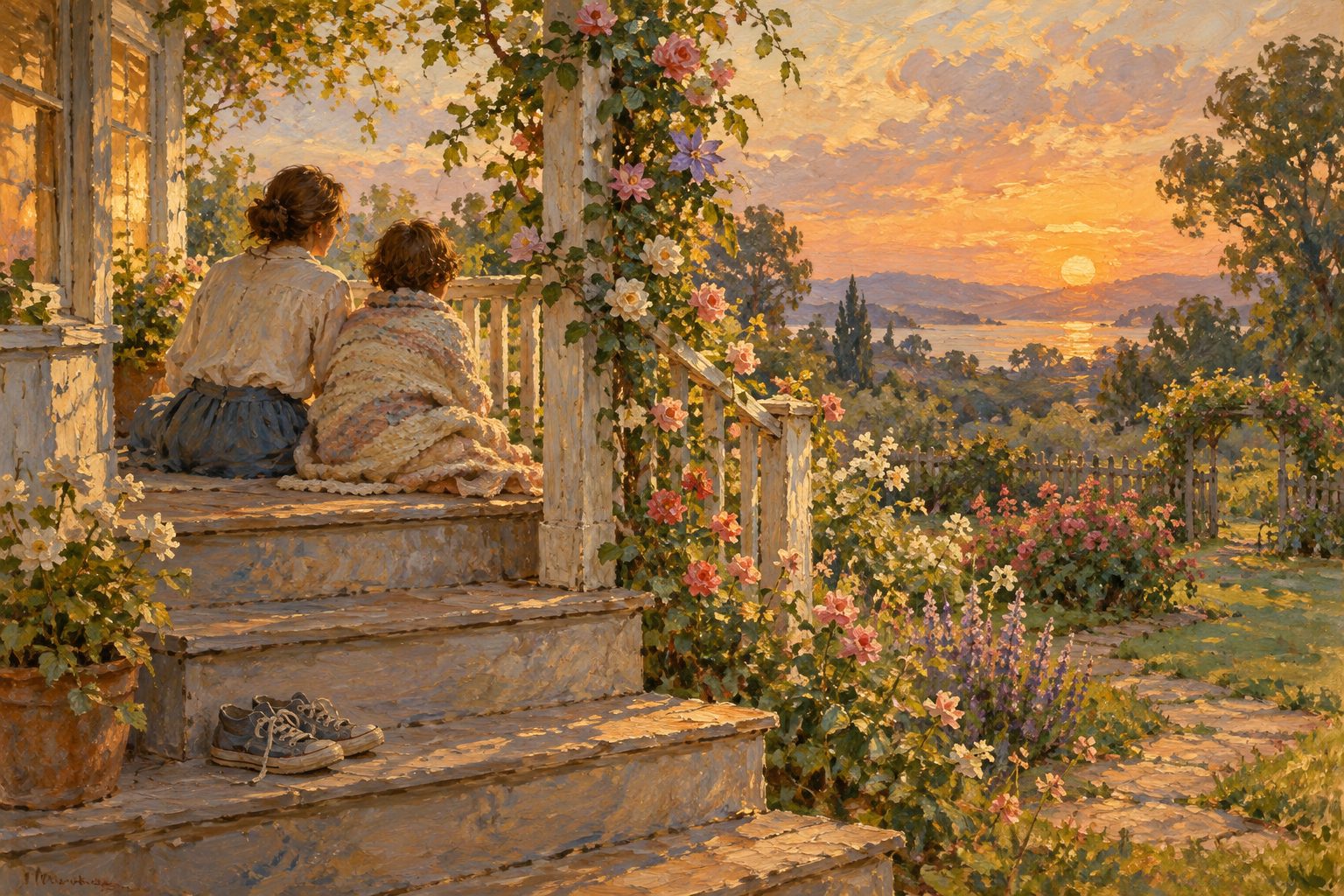 Pintura impresionista de un adulto y un adolescente en un porche al atardecer, sobre bullying por orientación sexual