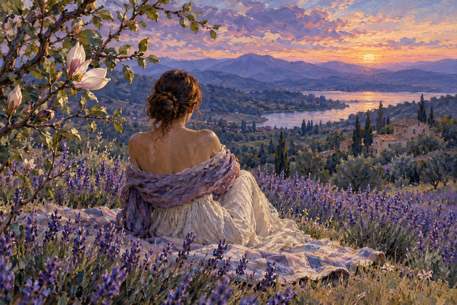 Pintura impresionista de una mujer descansando en un campo de lavanda, ilustración del burnout autista en mujeres