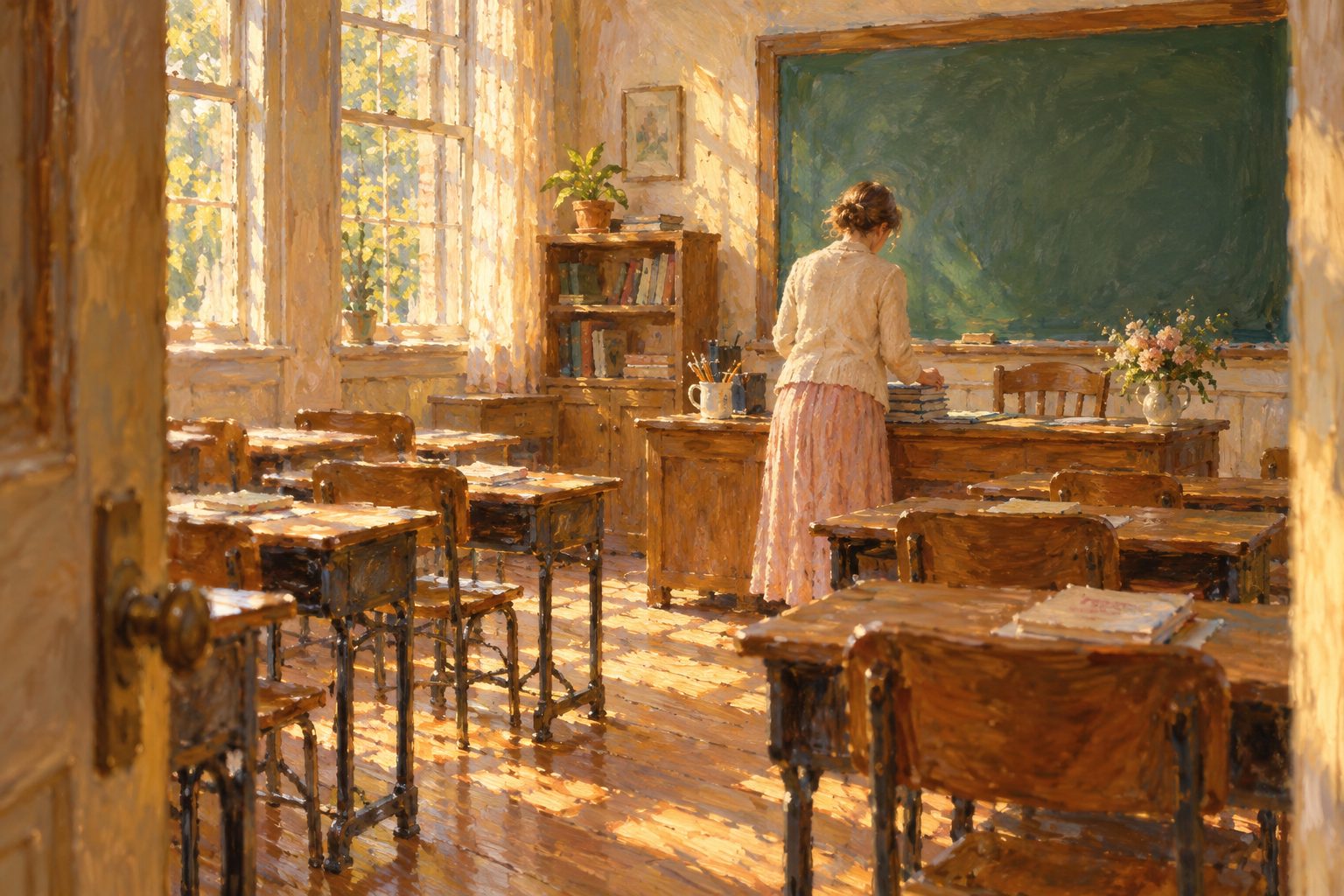 Pintura impresionista de una profesora ordenando cuadernos en un aula vacía, ilustración del burnout en docentes
