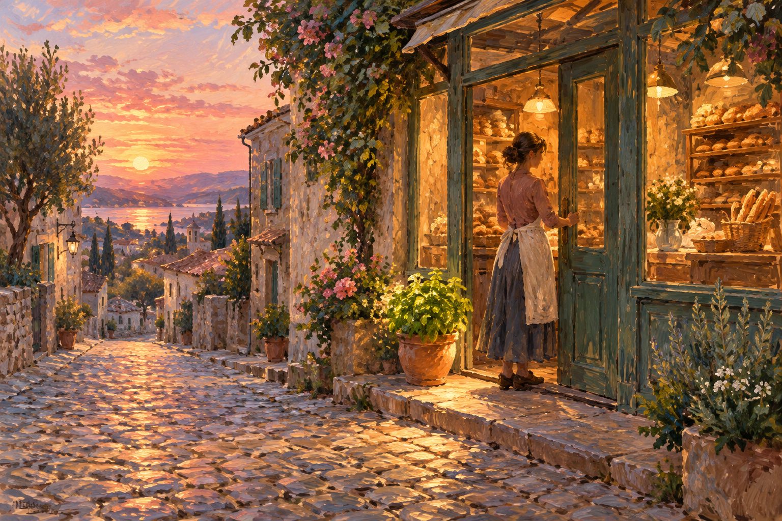 Pintura impresionista de una panadera cerrando su local al atardecer junto a una albahaca, ilustración del burnout en dueños de pyme