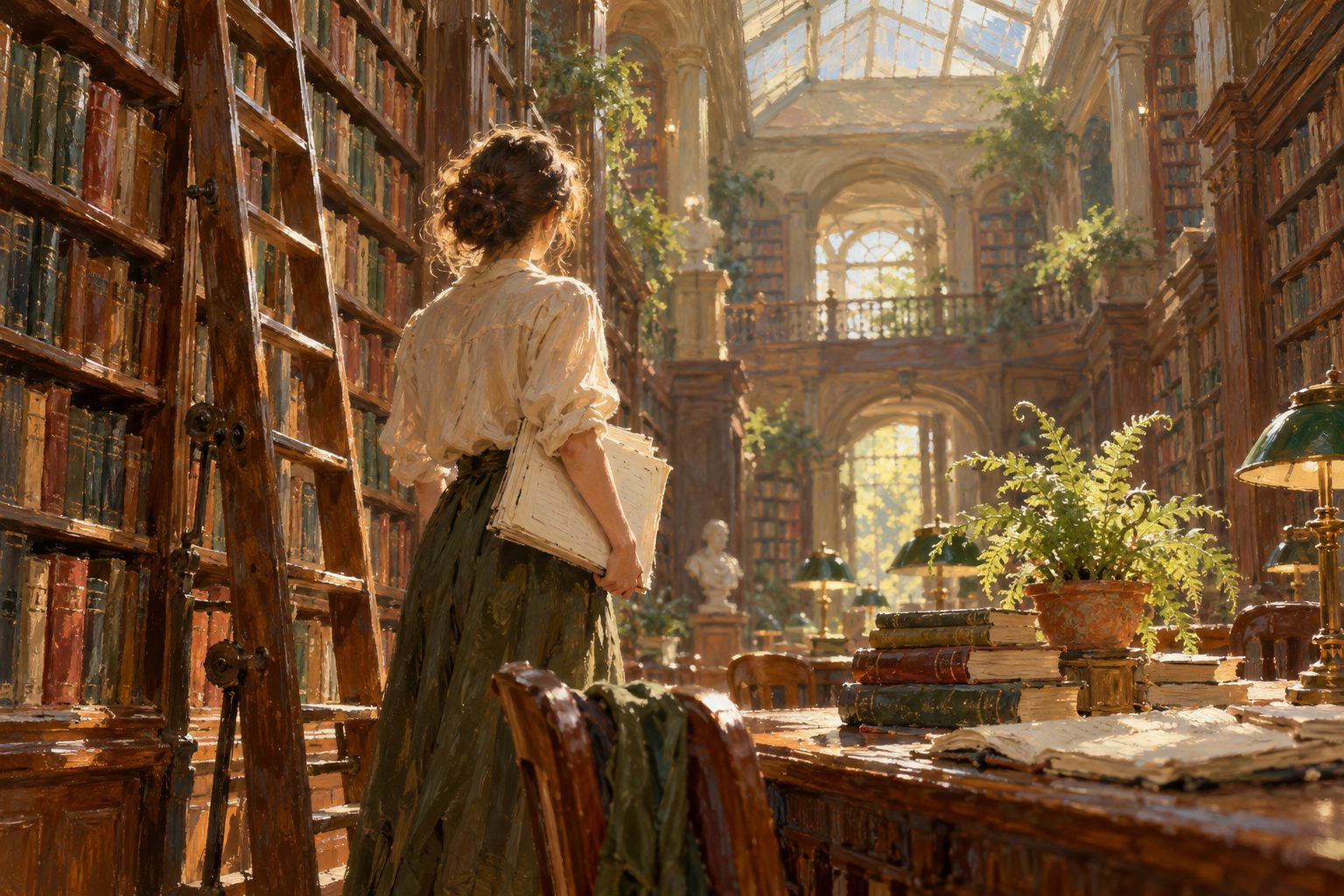 Pintura impresionista de una estudiante en una biblioteca antigua con un helecho que revive, ilustración del burnout en posgrado