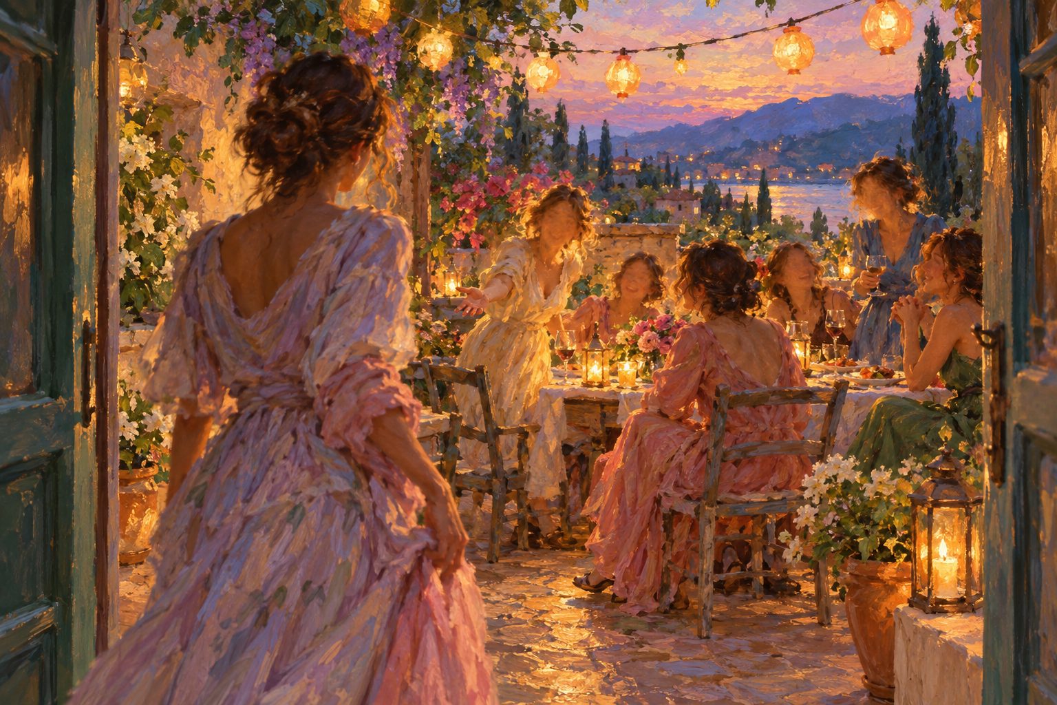 Pintura impresionista de una joven invitada a entrar a un patio de amigas, ilustración de los celos de amigos
