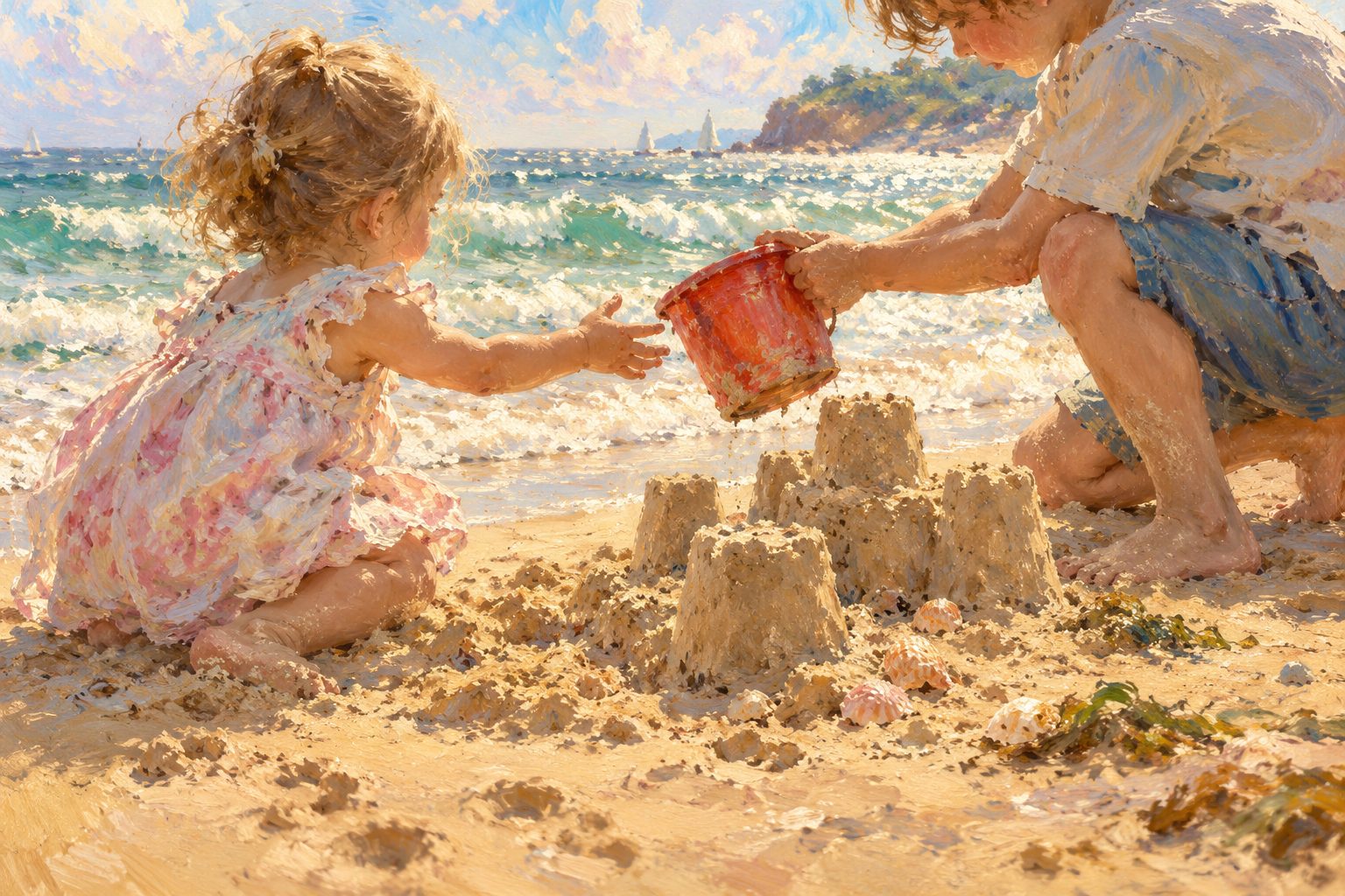 Pintura impresionista de dos ninos construyendo juntos un castillo de arena, ilustracion de los celos entre hermanos