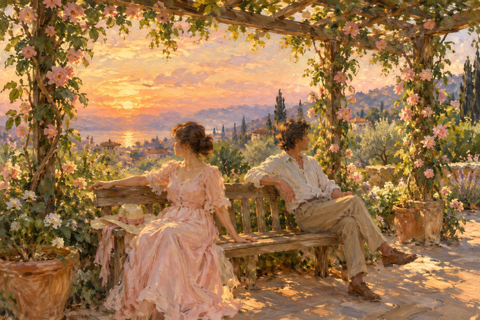 Pintura impresionista de una pareja en un banco bajo una pérgola, diferencia entre celos normales y celotipia