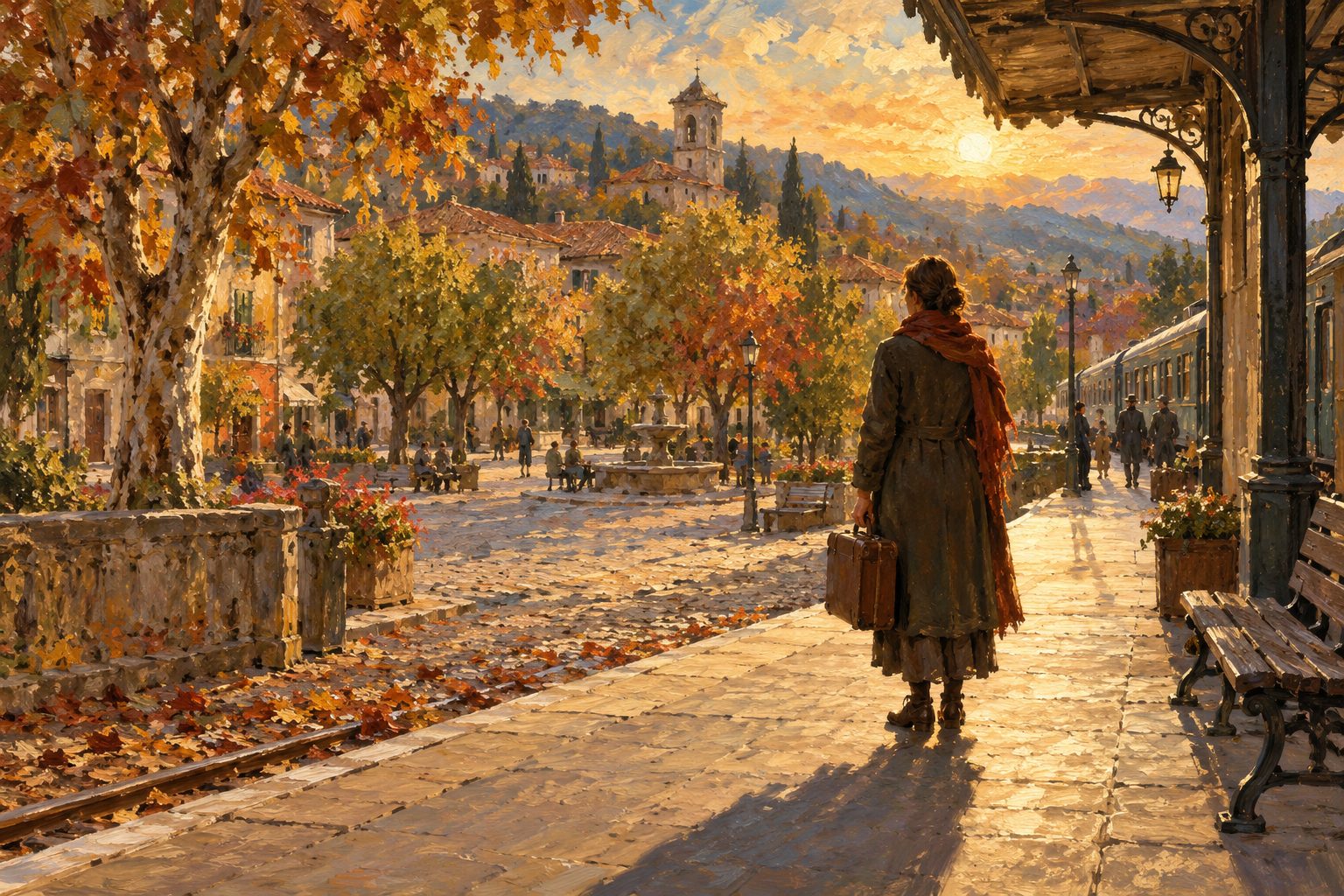 Pintura impresionista de una persona con maleta en una estacion al volver a casa, ilustracion de choque cultural inverso