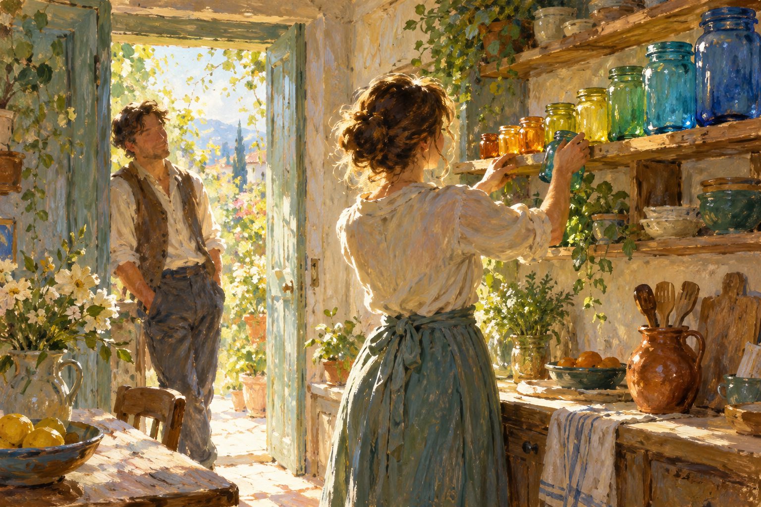 Pintura impresionista de dos personas ordenando frascos de colores en una cocina, ilustración del coaching para TDAH