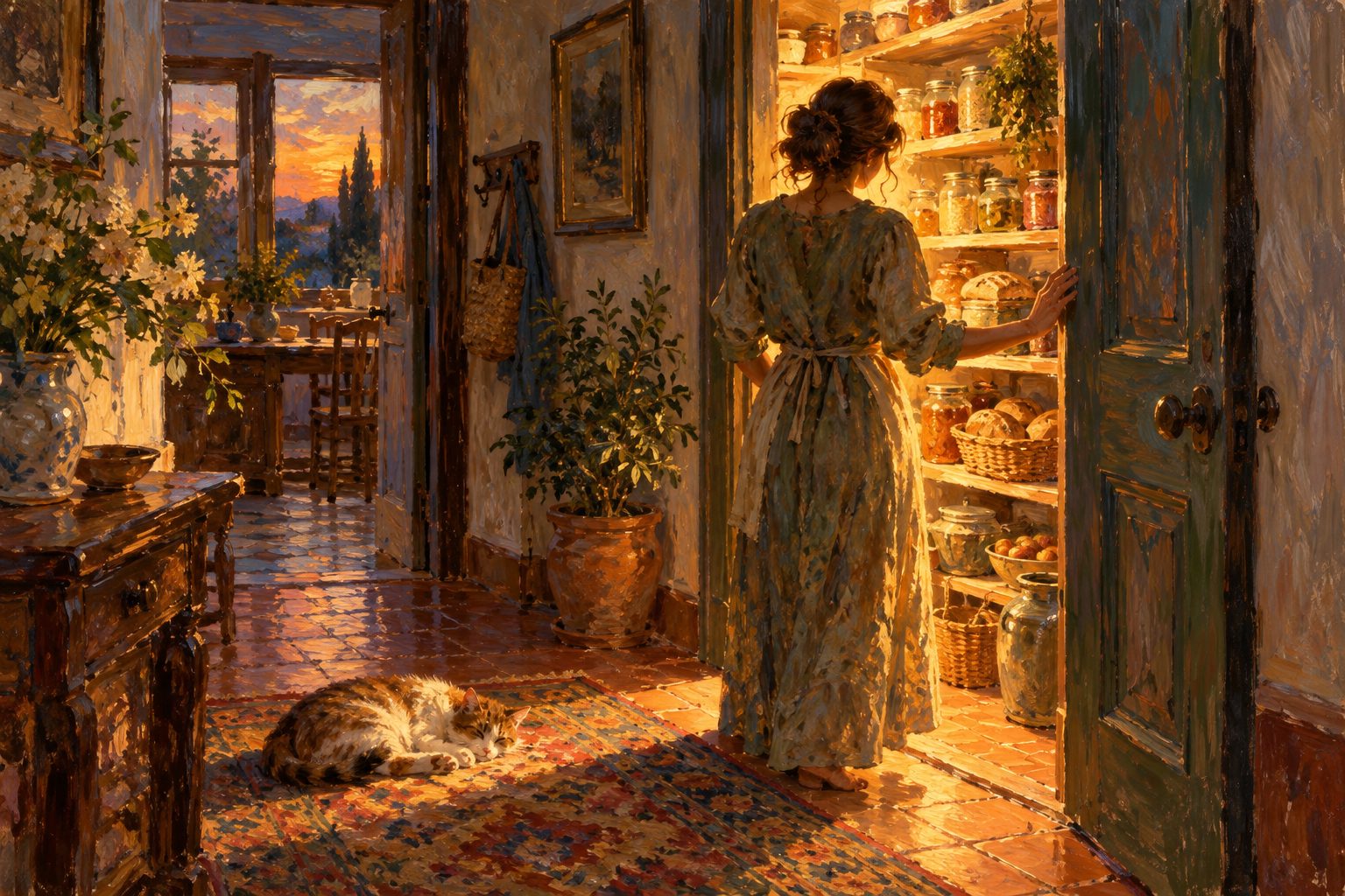 Pintura impresionista de una persona ante una despensa abierta bañada de luz dorada, ilustración sobre comer a escondidas