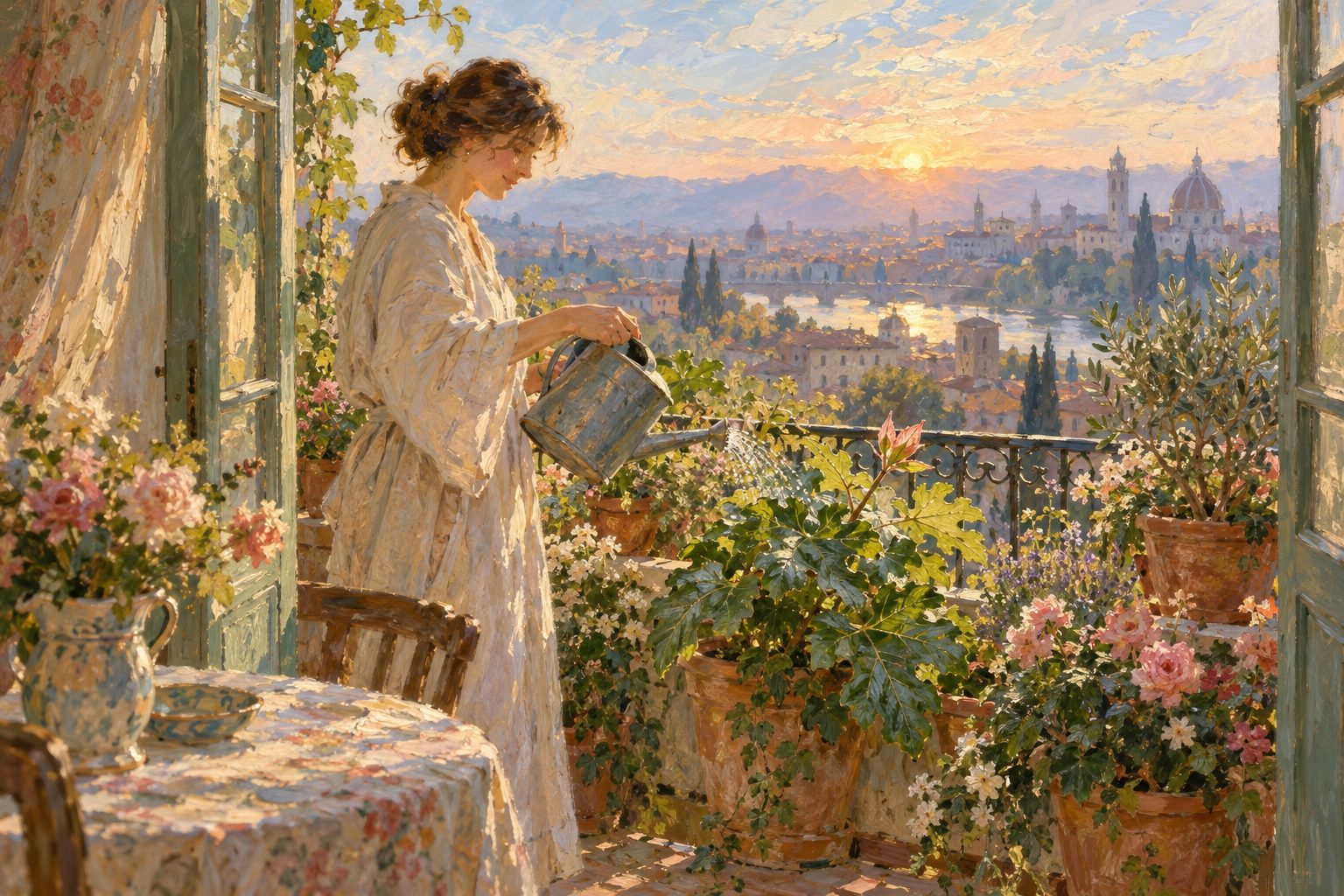 Pintura impresionista de una mujer regando plantas en su balcón al amanecer, ilustración de cómo aceptar mi cuerpo