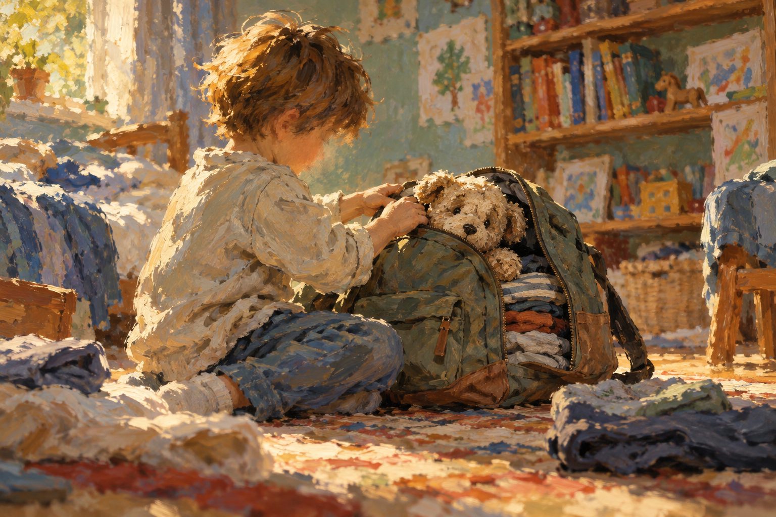 Pintura impresionista de un niño guardando un peluche en su mochila, sobre cómo afecta el divorcio a los hijos según la edad