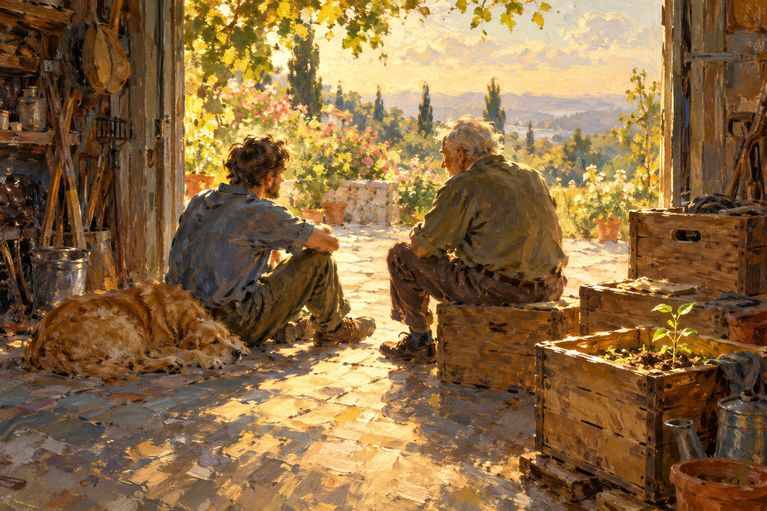 Pintura impresionista de un hijo y su padre conversando en el umbral de un garaje, ilustracion sobre como ayudar a un familiar acumulador