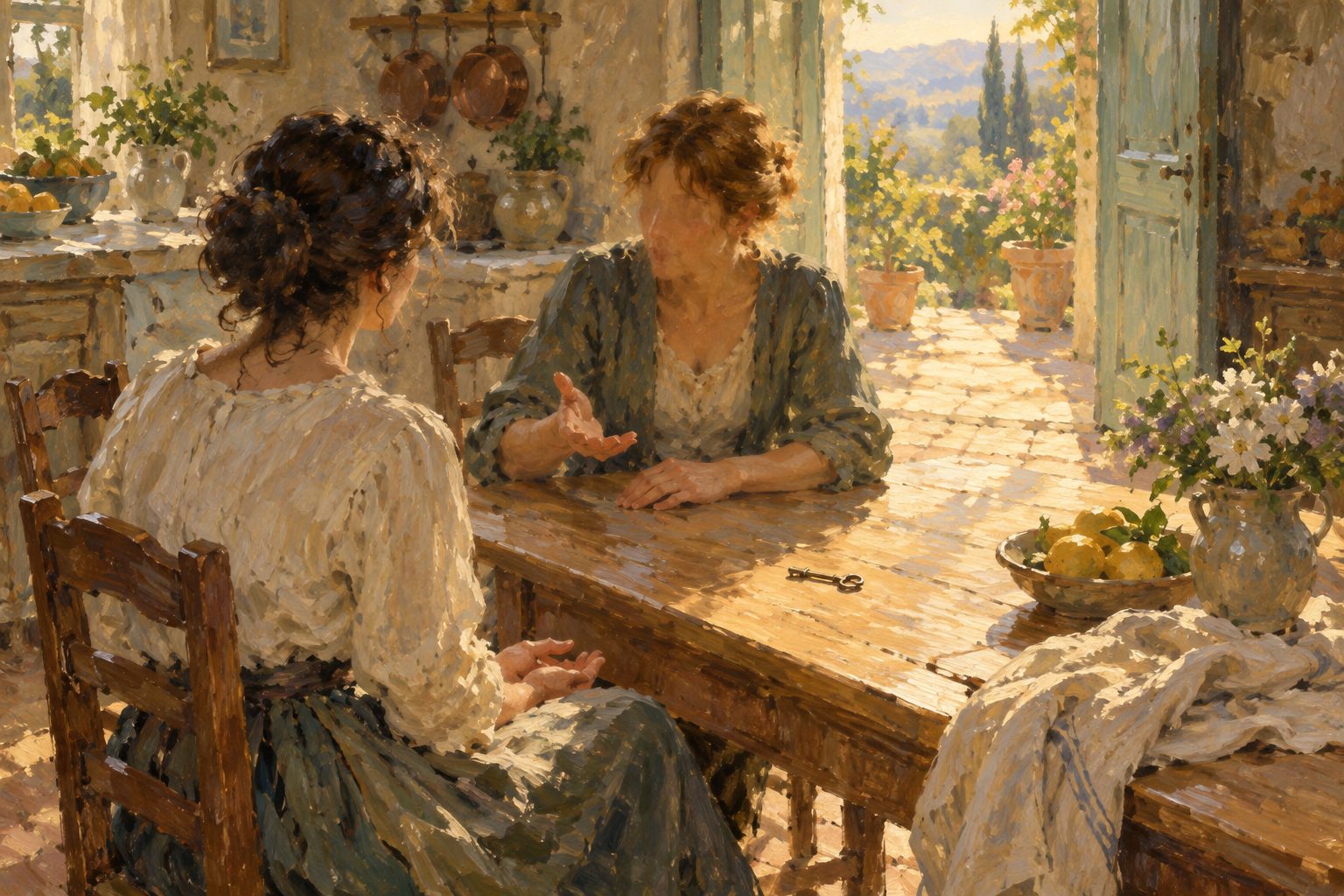Pintura impresionista de dos mujeres conversando en una cocina luminosa, cómo ayudar a un familiar en una relación tóxica