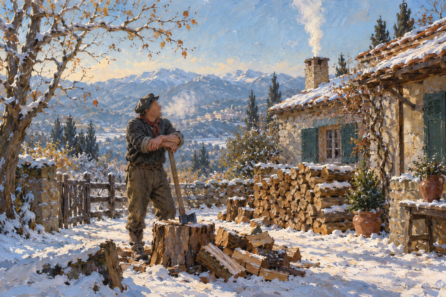 Pintura impresionista de un hombre respirando junto a la leña partida, ilustración de cómo controlar la ira