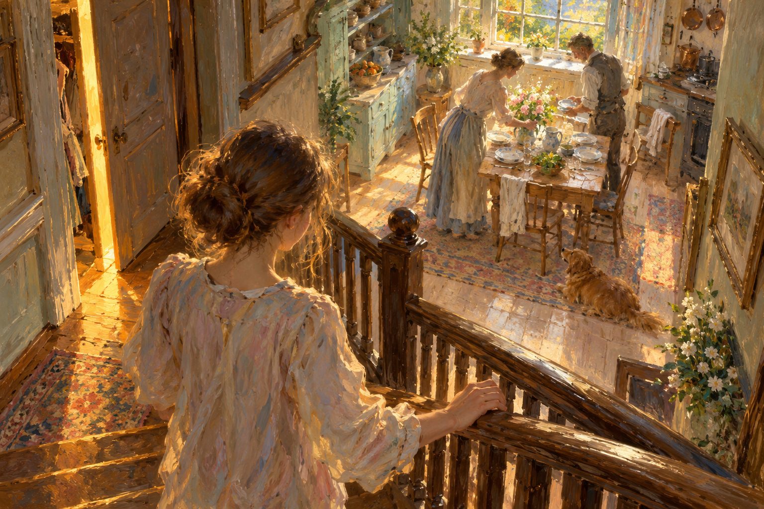 Pintura impresionista de una persona joven bajando una escalera hacia su familia, ilustracion de como salir del closet con tu familia