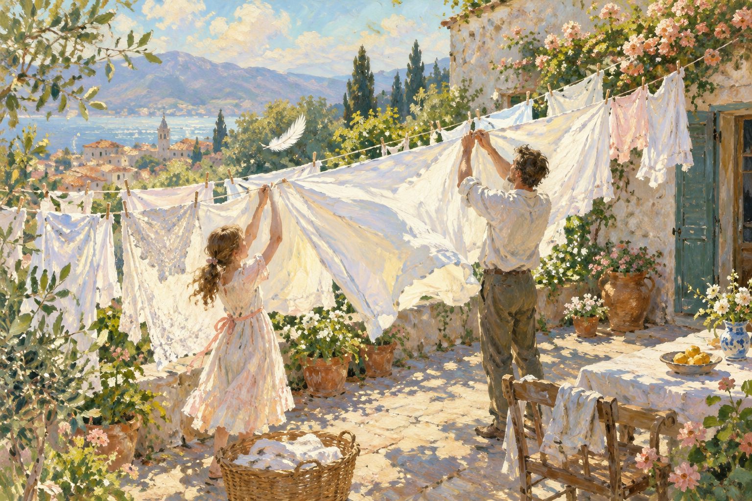 Pintura impresionista de ropa blanca al viento en un patio, ilustración de cómo dejar de sentir culpa