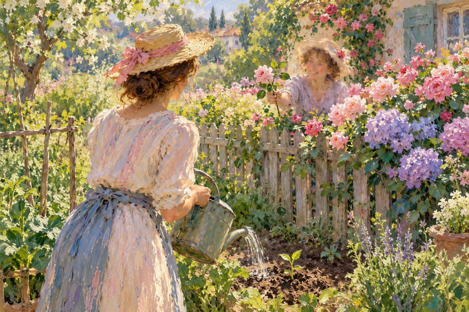 Pintura impresionista de dos jardines separados por una cerca baja, ilustración de cómo dejar de sentir envidia