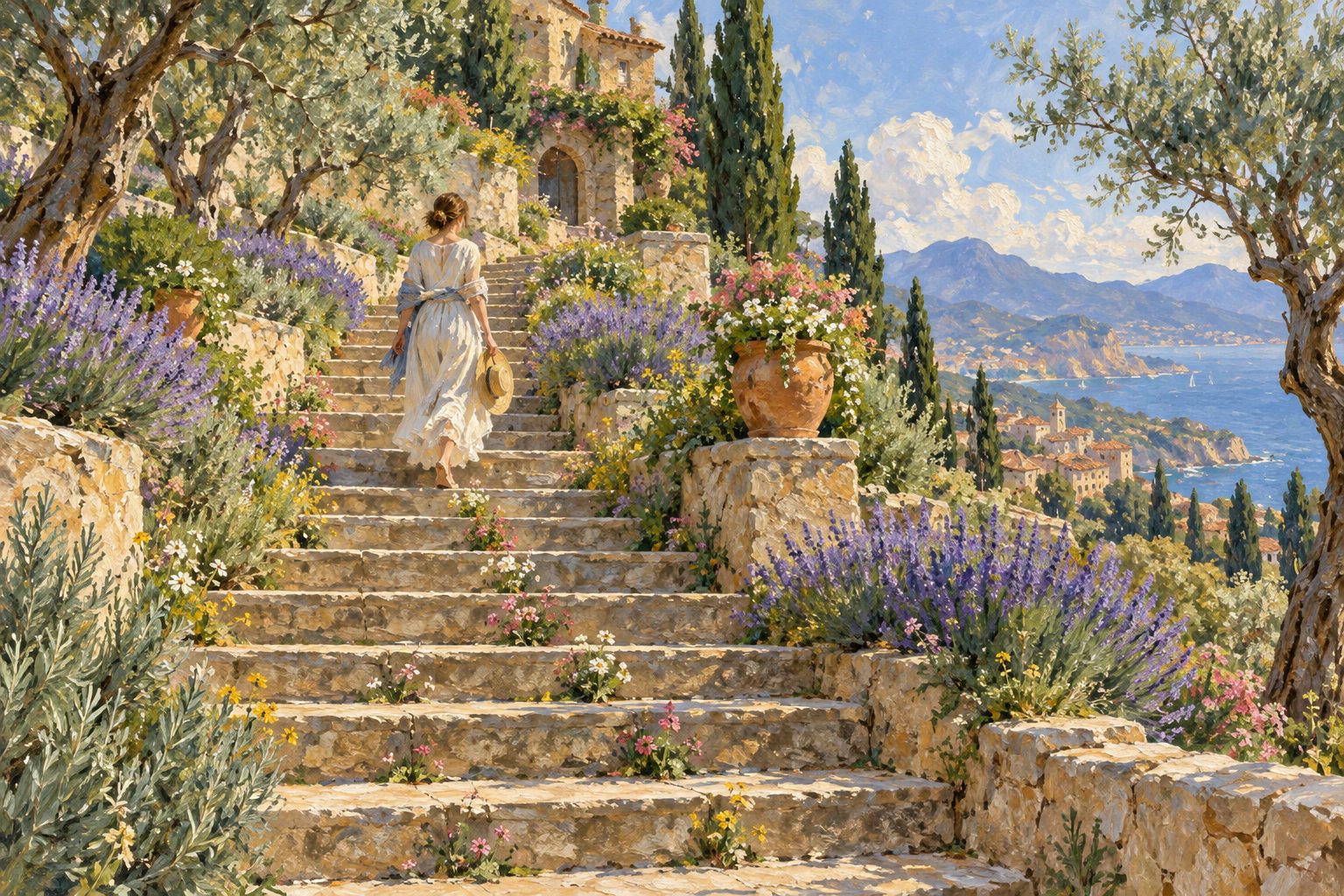 Pintura impresionista de una persona subiendo con calma una escalinata entre jardines, guía para dejar de darse atracones
