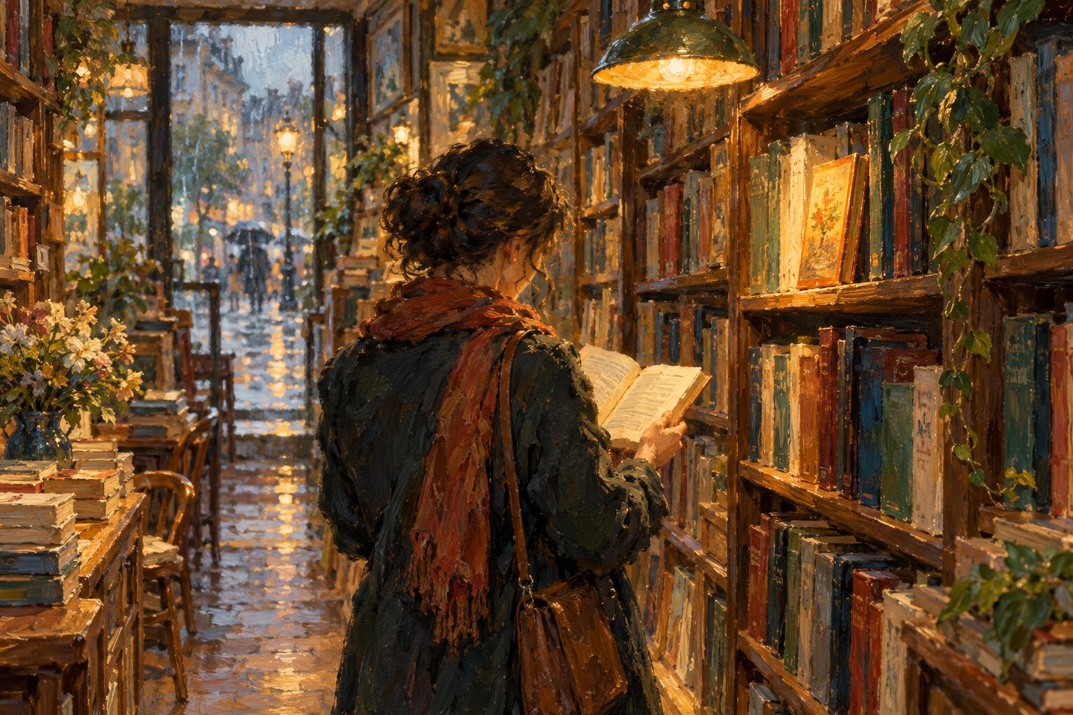Pintura impresionista de una persona en una librería de barrio eligiendo un libro, ilustración de cómo elegir un psicólogo