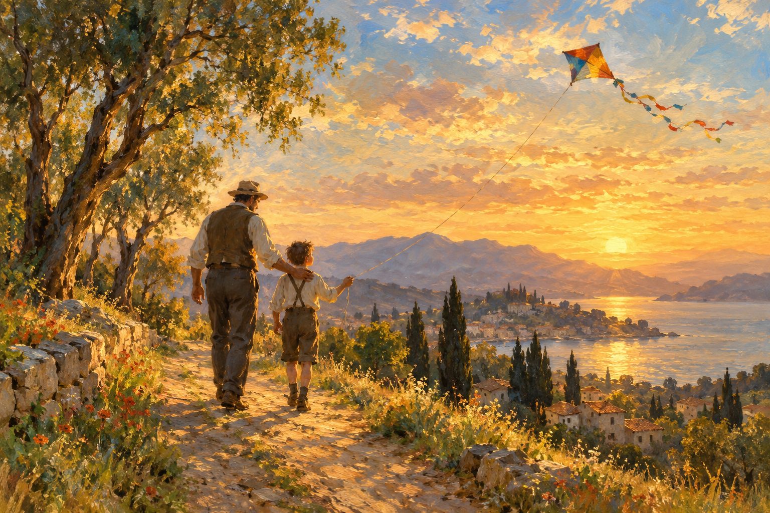 Pintura impresionista de un padre y su hijo con una cometa, sobre cómo explicarle a un niño que tiene TDAH