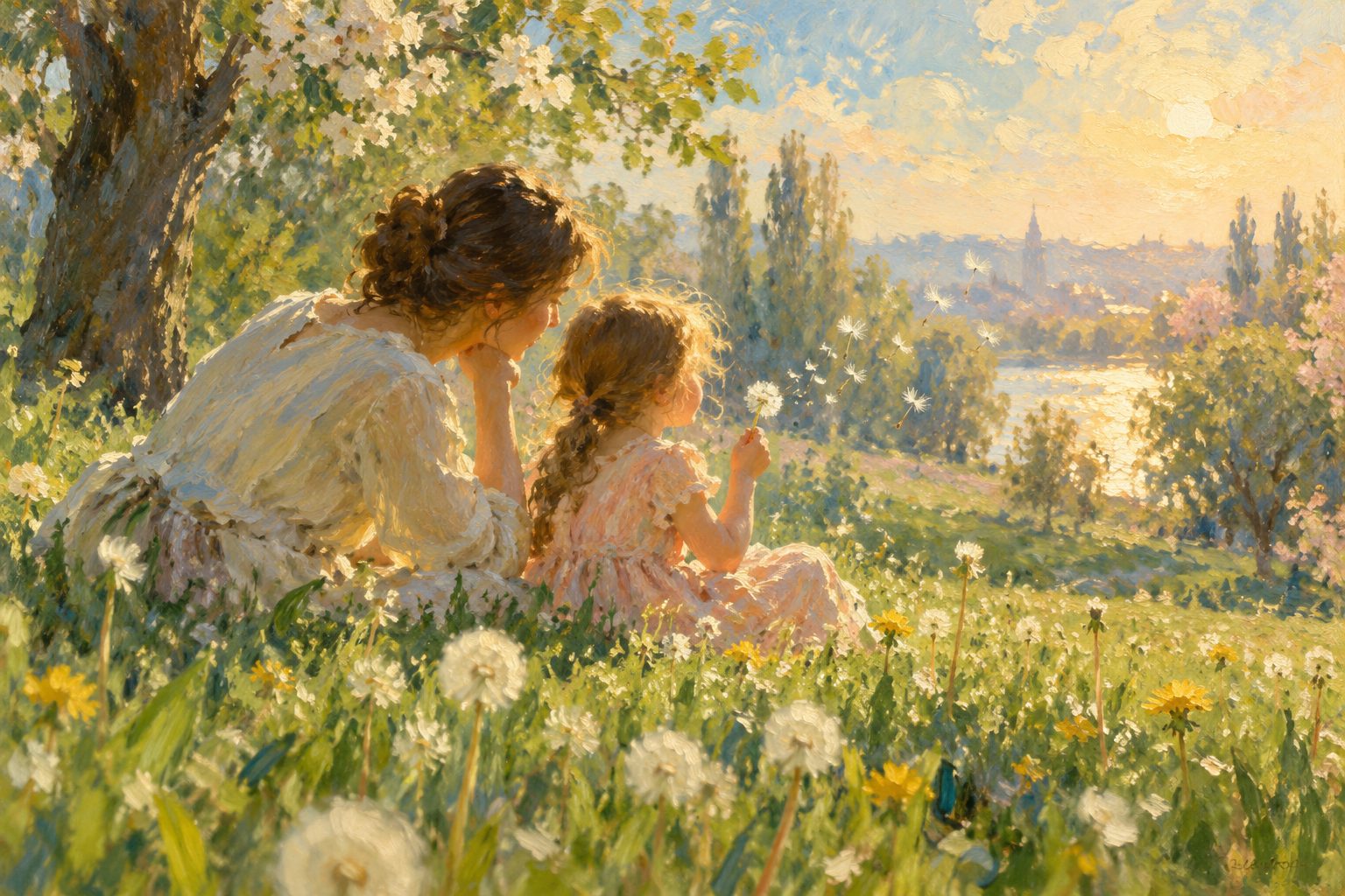 Pintura impresionista de un adulto y un niño sentados en el pasto con un diente de león, ilustración de cómo explicarle la muerte a un niño