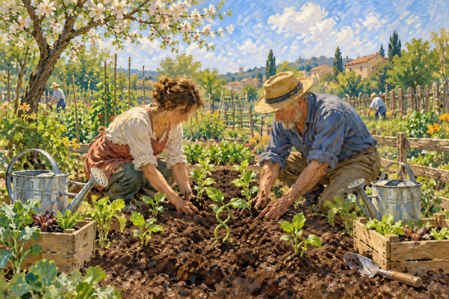 Pintura impresionista de dos adultos plantando almácigos lado a lado en un huerto comunitario, ilustración de cómo hacer amigos de adulto