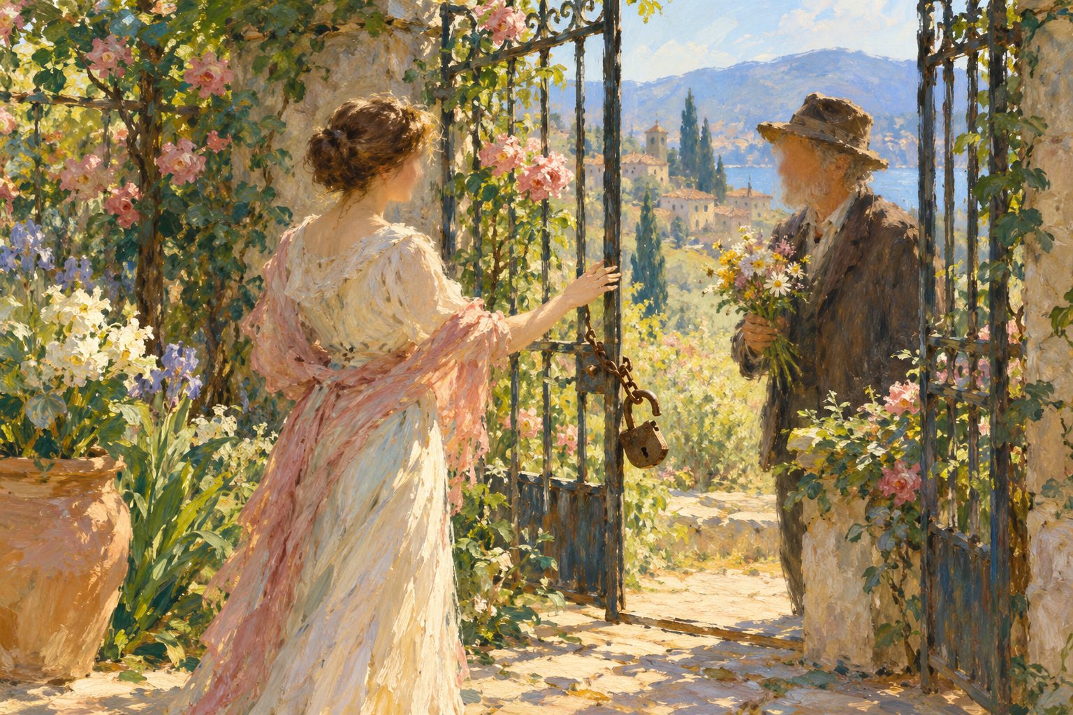 Pintura impresionista de una reja de jardín entreabierta, ilustración de cómo perdonar a alguien que te hizo daño