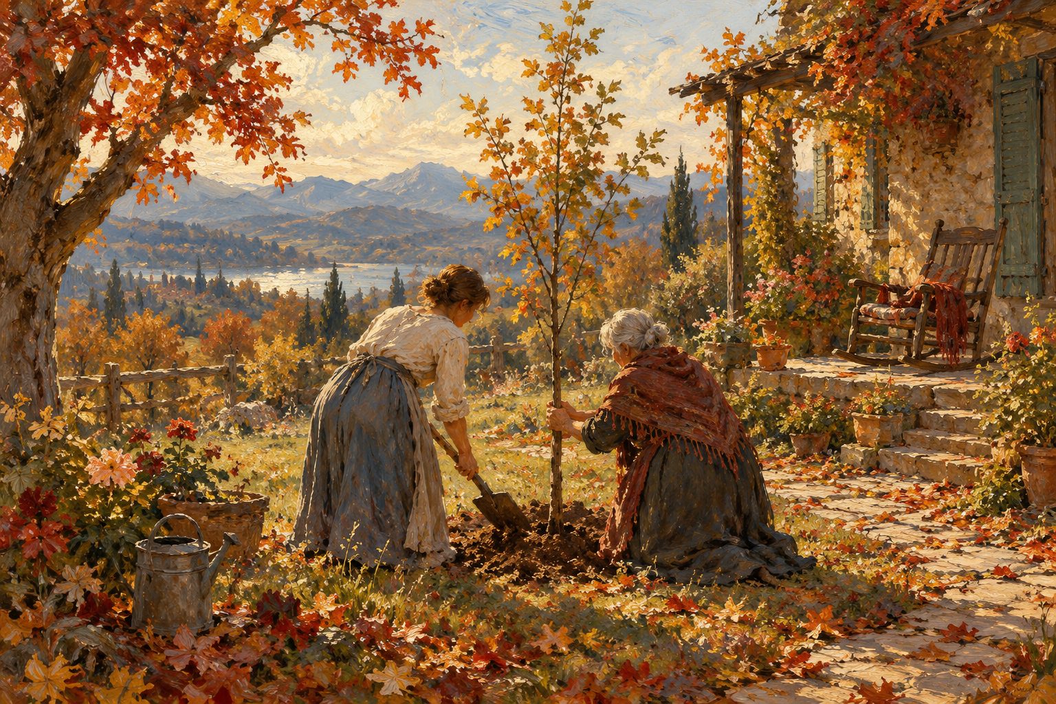 Pintura impresionista de una mujer y su madre plantando un árbol joven, cómo perdonar a tus padres